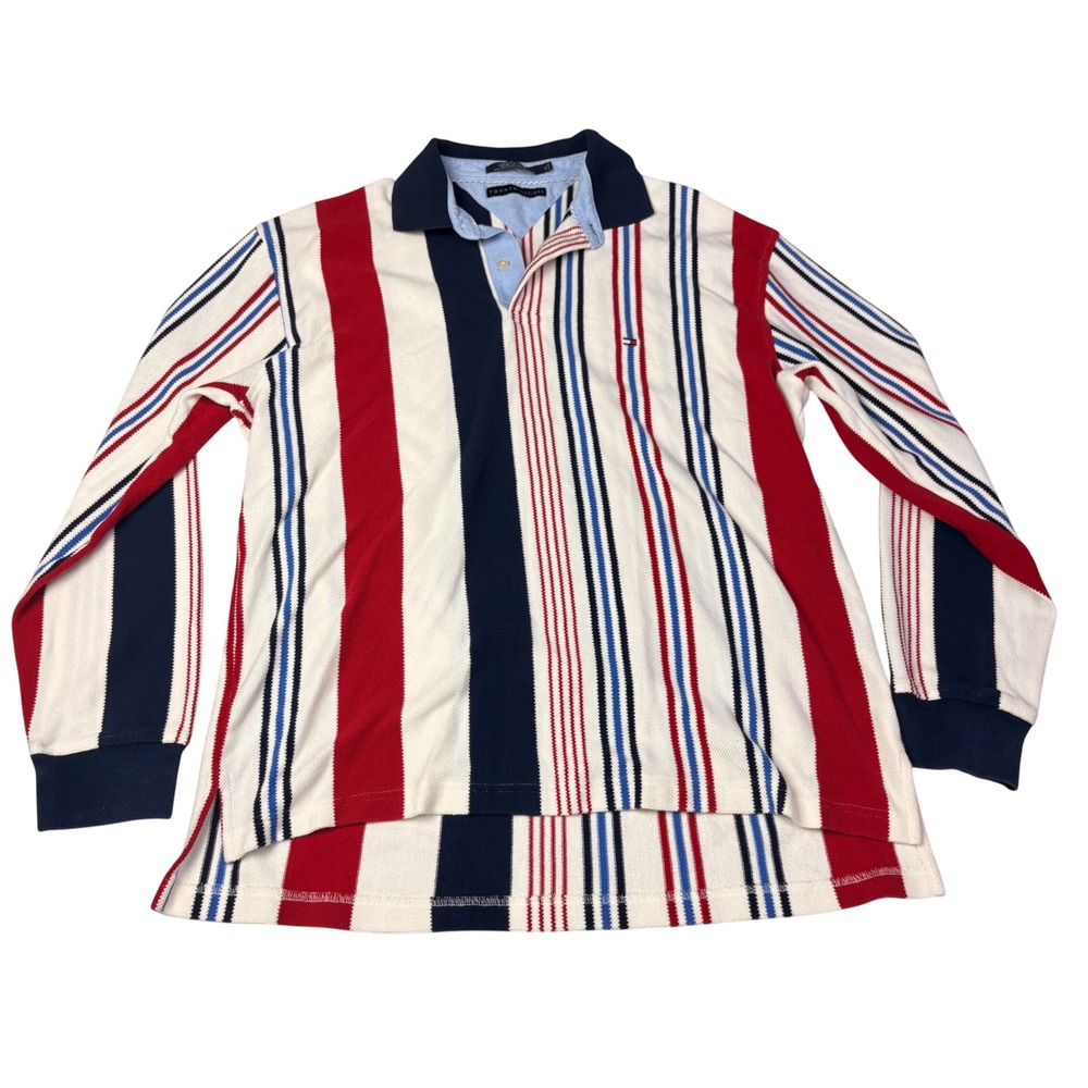 Vtg 90's Tommy Hilfiger Long Sleeve Striped Rugby Polo Shirt XL Red‎ White Blue